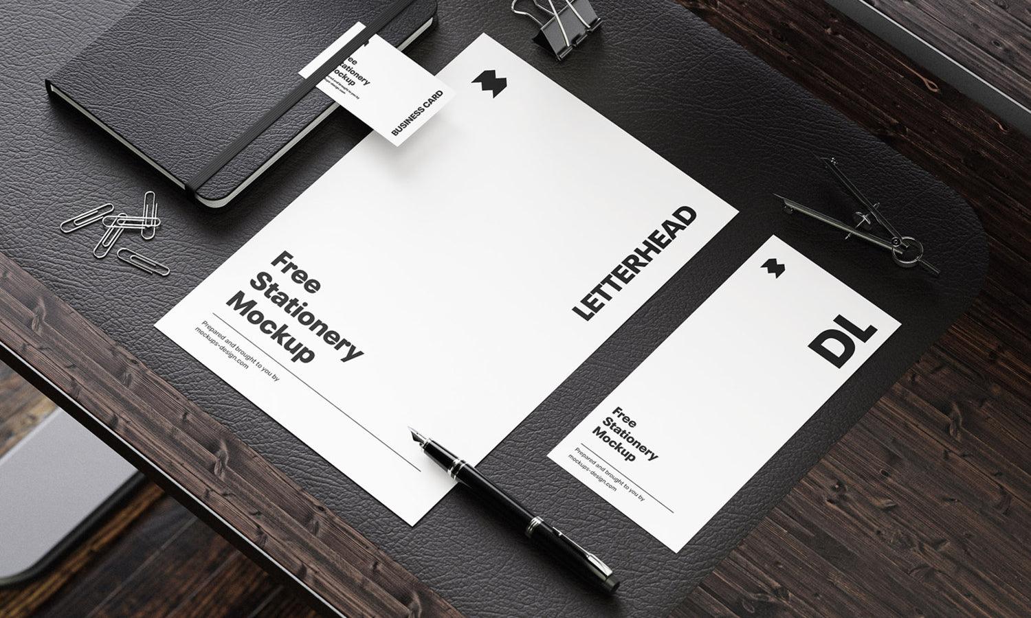 Stationery On The Wooden Desk - Free Mockup - Kreafolk